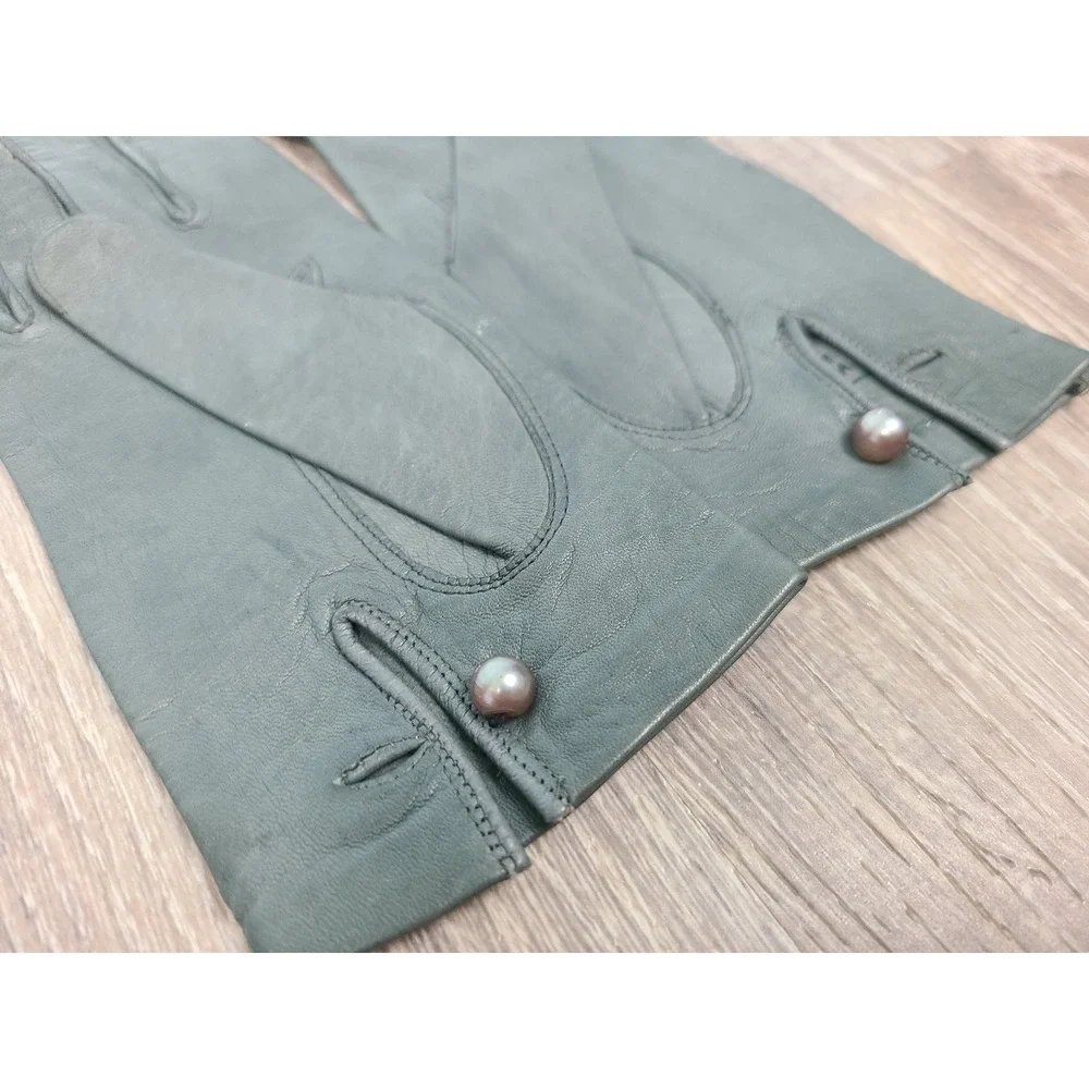 VTG 50's Macy Associates Sz 6½ Washable Gray Leather Gloves Faux Pearl Retro‎
